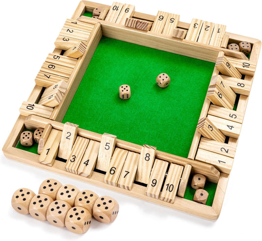 Wooden Shut the Box Game (2-4 Players) - Large 4 Sided Board, 8 Dice, Rules - Amusing Addition Game for Kids & Adults, 12 Inch